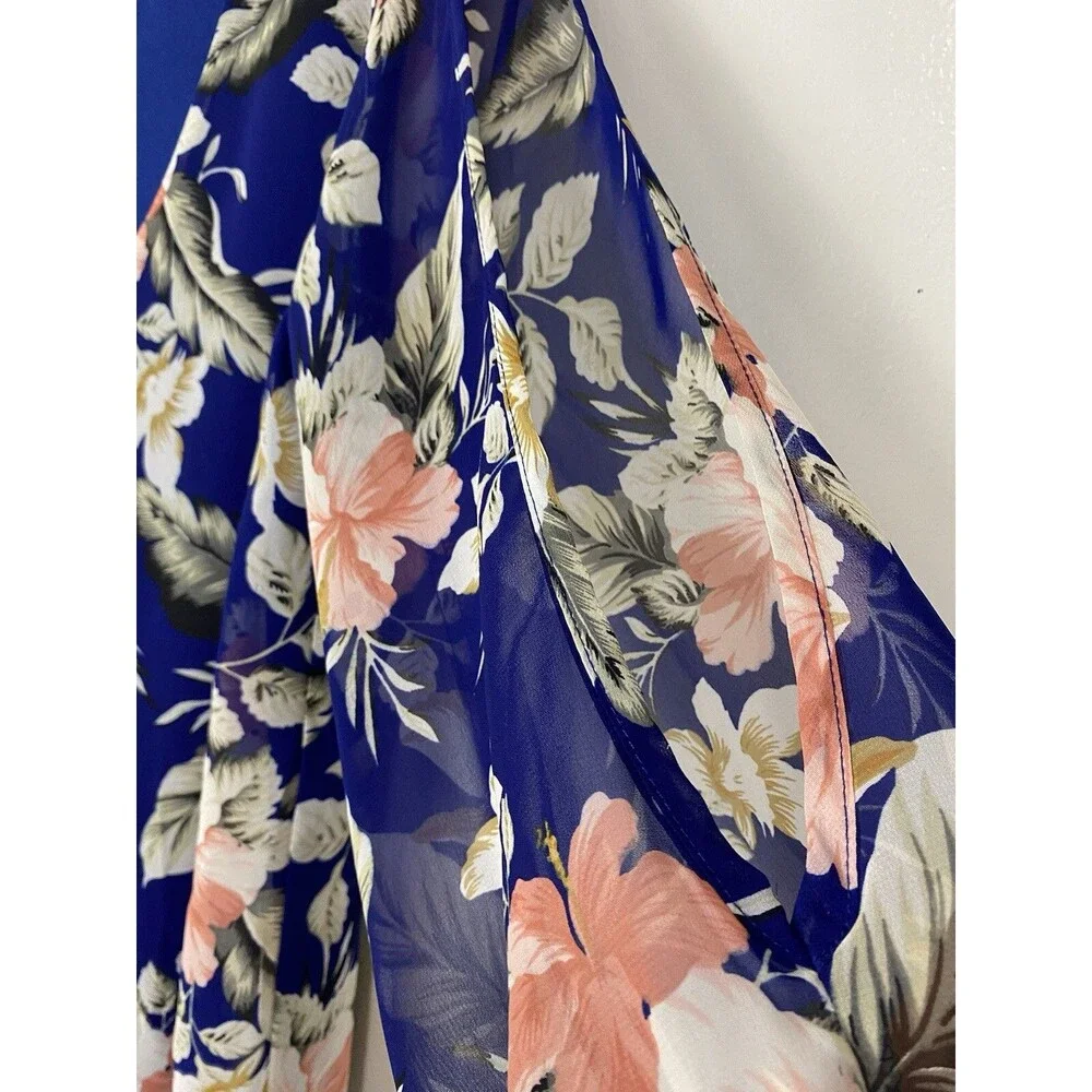 Lulus Tunic Dress Size S Blue Floral Slit Long Sleeves Chiffon Mini Office Party - Picture 12 of 14